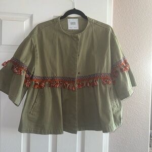 Olive Green Jacket with Orange Fringe